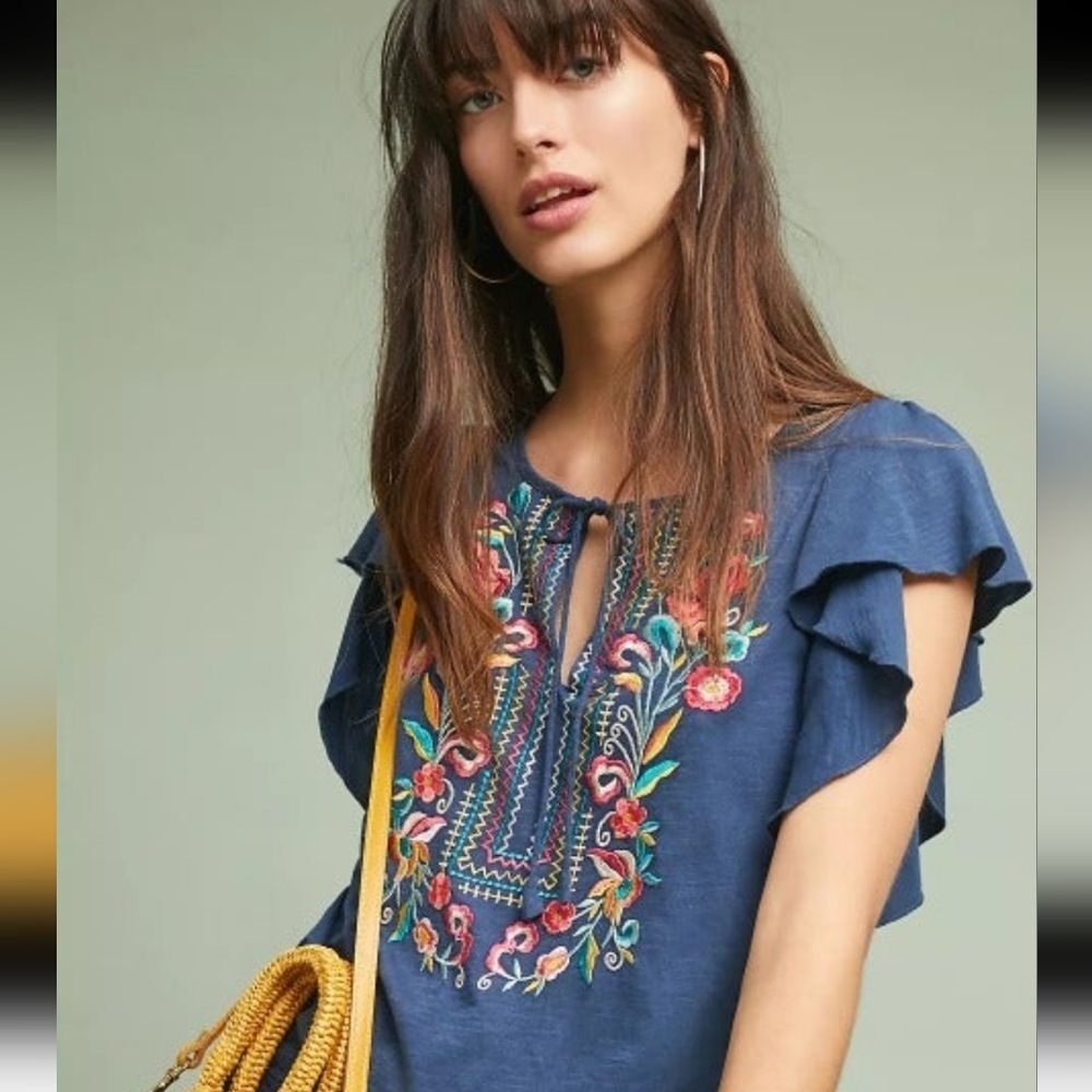 Anthropologie Ranna Gill Enesta Embroidered Boho Top Size XS Blue